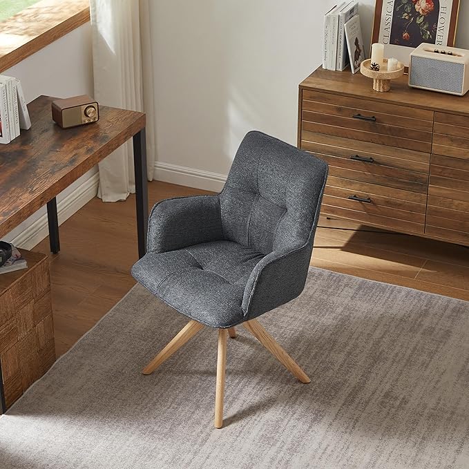 Art Leon Swivel Chair - Mid Century Modern Desk Chair Without Wheels, Fabric Upholstered Accent Chair with Oak Wood Legs for Small Space Living Room Bedroom, Dark Gray