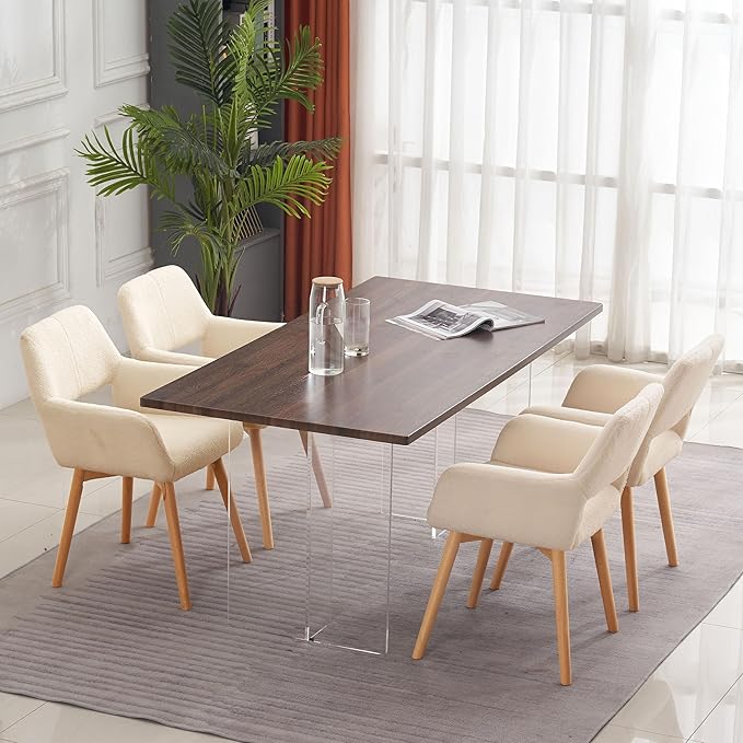 Mid Century Modern Dining Chairs Set of 6 & 4 & 2 Comfy Accent Chair Upholstered Kitchen Dining Living Room Chairs for Bedrooms Waiting Room Home Arm Desk Chair No Wheels (Wool Light Khaki, 6)