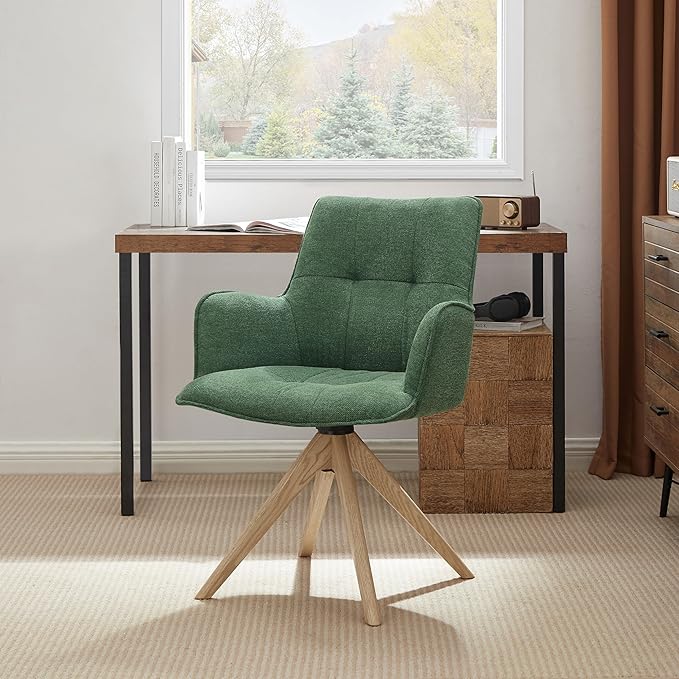 Art Leon Office Chair No Wheels - Mid Century Modern Swivel Desk Chair, Faux Leather Upholstered Accent Chair with Oak Wood Legs for Small Space Living Room Bedroom, Green