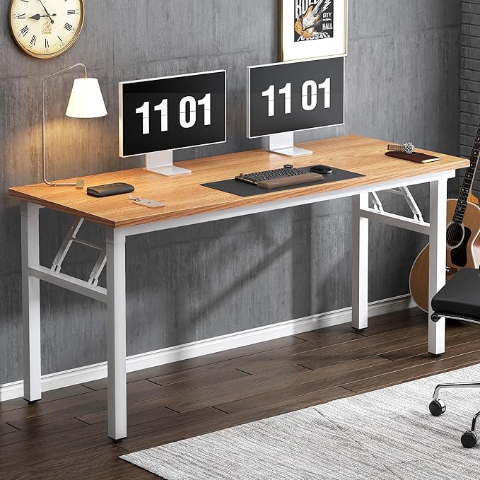 Need Folding Desk, 54 inch Large Computer Desk for Home Office, No Install Needed Study Student Writing Table Desk Workstation, Teak White