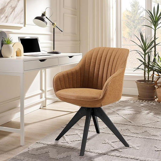 Zouron Mid Century Modern Accent Chair with Black Oak Wood Legs, Upholstered Swivel Chair No Wheels, Side Accent Armchair Vanity Chair for Small Space Home Office Living Room Bedroom, Brown