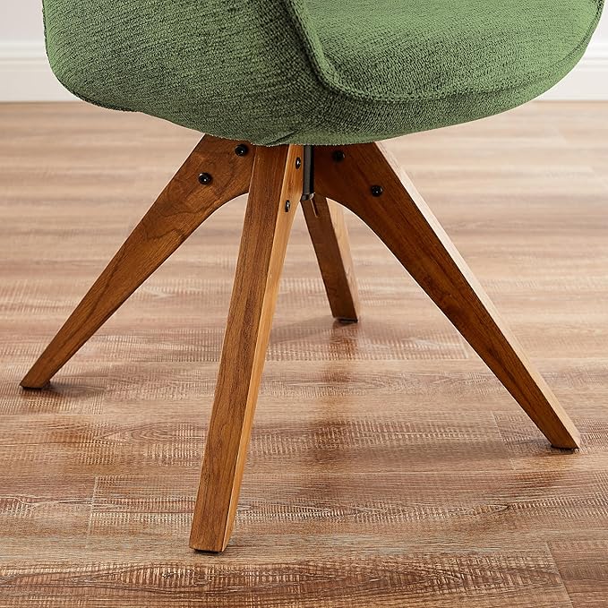 Zouron Mid Century Modern Accent Chair with Wooden Legs, Swivel Desk Chair No Wheels, Upholstered Side Armchair Vanity Chair for Small Space Home Office Living Room Bedroom, Green