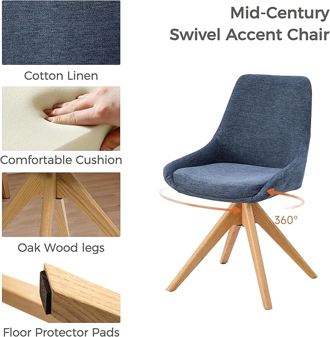 Zouron Swivel Desk Chair No Wheels, Modern Armless Office Chair with Wooden Legs, Fabric Side Chairs for Small Space Bedroom Office, Blue
