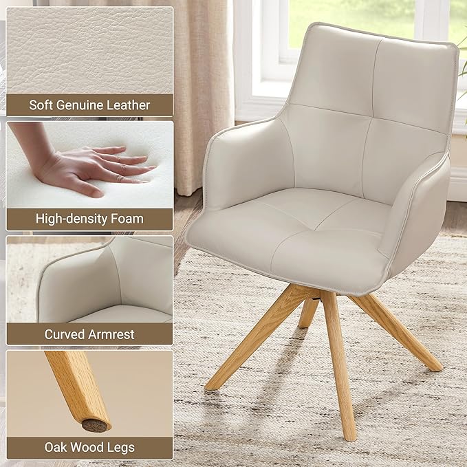 Art Leon Mid Century Modern Swivel Accent Chair - Home Office Desk Chair No Wheels, Genuine Leather Upholstered Armchair with Oak Wood Legs for Small Space Living Room Bedroom, Off White