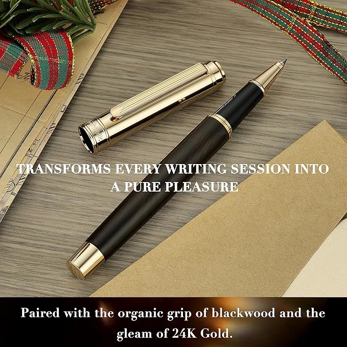 316 Luxury Journaling Pen, Nice Natural Wood for Writing, 24K Gold Accents, Schmidt refill, Fancy Rollerball, Wooden Gift Set for Men & Women, Executive & Graduation Work Christmas Pens-Blackwood