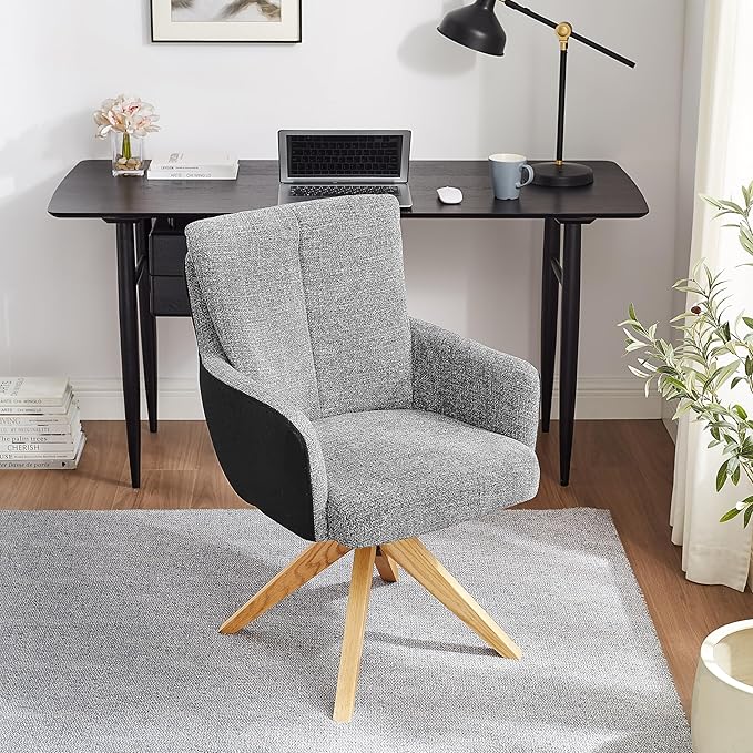 Art Leon Office Chair No Wheels - Mid Century Modern Desk Chair, Fabric Upholstered Desk Chair Swivel Accent Chair with Oak Wood Legs for Living Room Home Office, Gray Black