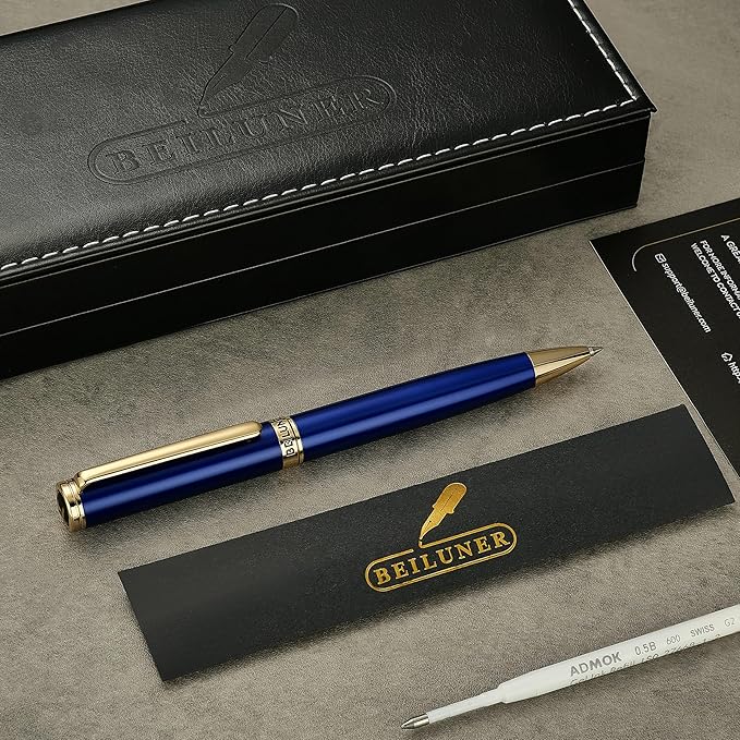 BEILUNER Personalized Blue Lacquer Gel Pen - Stunning Luxury Pen with 24K Gold Finish, ADMOK Black Refill, Executive Gift Set for Family & Friends, Writing, Fancy, Office, Retractable Pens