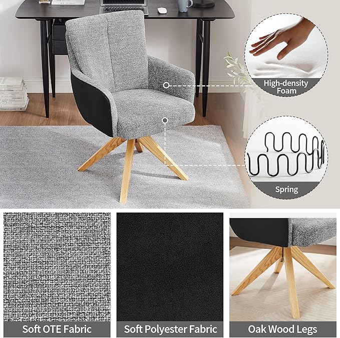 Art Leon Office Chair No Wheels - Mid Century Modern Desk Chair, Fabric Upholstered Desk Chair Swivel Accent Chair with Oak Wood Legs for Living Room Home Office, Gray Black
