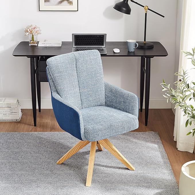 Art Leon Swivel Accent Chair Set of 2 - Mid Century Modern Desk Chair No Wheels, Fabric Upholstered Arm Chair with Oak Wood Legs for Living Room Home Office, Blue