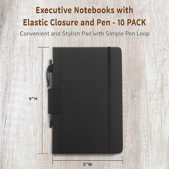 DISCOUNT PROMOS 10 Executive Notebooks with Pen Pack - 6 x 8.5 inches, Recycled, Pen Loop, Closure Strap - Black