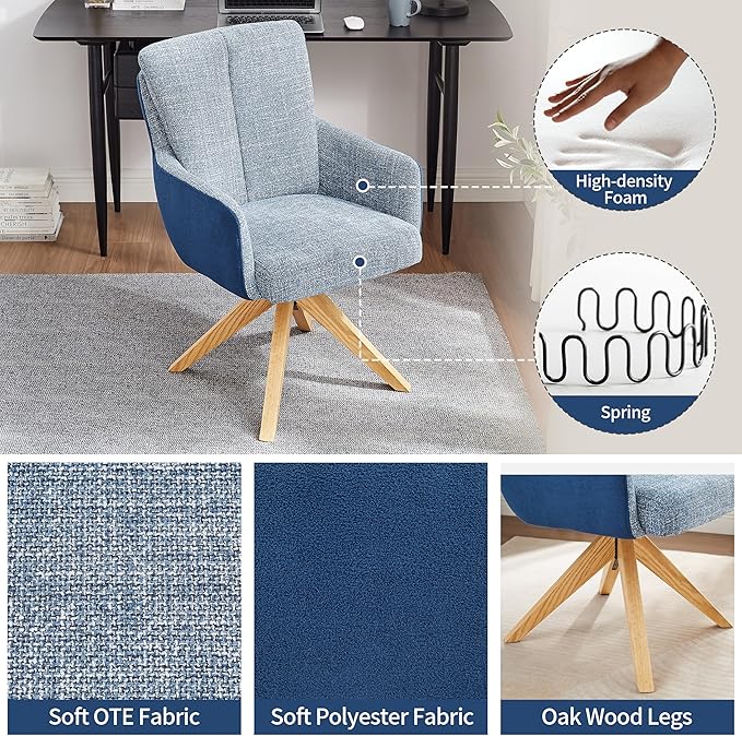 Art Leon Mid Century Desk Chair - Office Chair No Wheels, Modern Swivel Accent Chair, Fabric Upholstered Armchair with Oak Wood Legs for Living Room Home Office, Blue