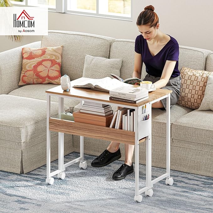 HOMCOM Small Folding Desk, Rolling Computer Desk Foldable with Storage Bag and Shelf, 31.5" Portable Writing Table on Wheels for Small Spaces, Home Office, Study, Easy Assembly, Natural Wood
